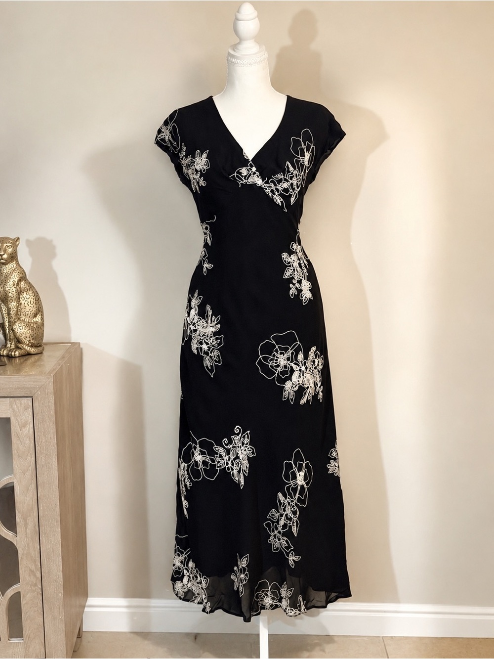 90s Rena Rowan Black Floral Maxi Dress S/M
